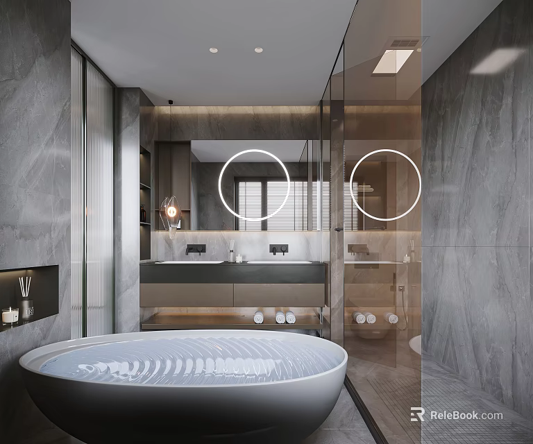 Modern Bathroom Interior With Round Mirrors Freestanding Bathtub And Gray Marble Walls 3d model 