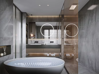 Modern Bathroom Interior With Round Mirrors Freestanding Bathtub And Gray Marble Walls 3d model