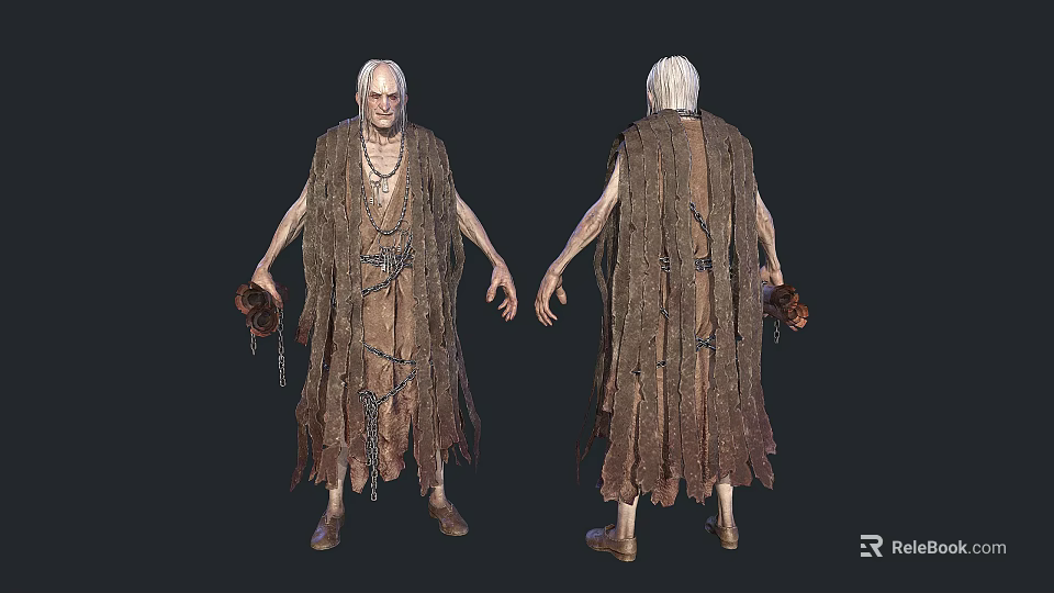 Old Man With White Hair Wearing Tattered Robe Holding Chains In Both Hands 3d model 