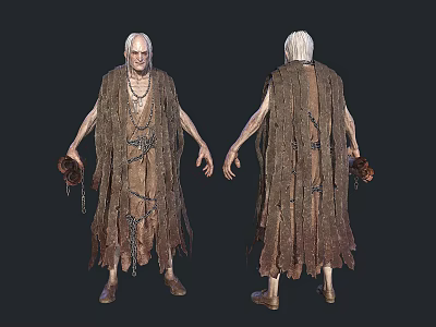 Old Man With White Hair Wearing Tattered Robe Holding Chains In Both Hands 3d model