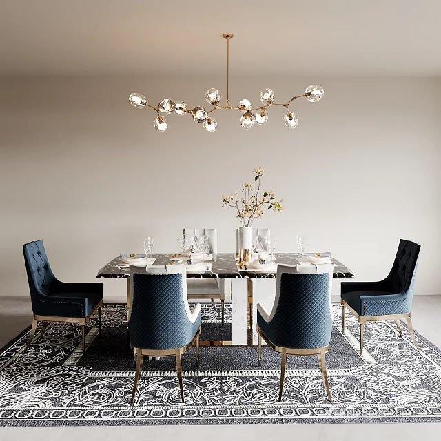 Elegant Modern Dining Table Set With Blue Chairs Chandelier Vase And Tableware On Rug 3d model 