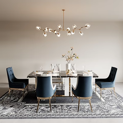 Elegant Modern Dining Table Set With Blue Chairs Chandelier Vase And Tableware On Rug 3d model