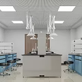 Modern Laboratory Interior With Central Lab Bench Blue Cabinets And Black Stools