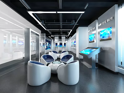 Modern Tech Exhibition Hall With White Seats Round Table Touchscreen Stands And Wall Screens 3d model