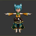 3D Character With Blue Cat Ears Teal Hair Orange Green Outfit Pouch And Outstretched Arms