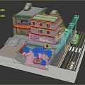Cartoon City Scene with Red Roof Buildings Pink Cherry Blossom Trees and White Street Car