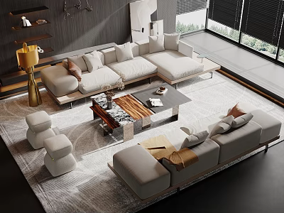 Modern Sofa And Coffee Table Set With Beige Sofas Wooden Table Area Rug And Pillows 3d model