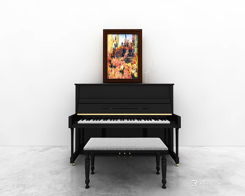 Black Piano With Colorful Painting On Top And Matching Bench In Minimalist Interior 3d model 