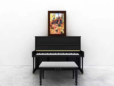 Black Piano With Colorful Painting On Top And Matching Bench In Minimalist Interior 3d model