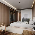 Modern Minimalist Hotel Room Interior With Wooden Walls King Size Bed Wardrobe And Simple Decor