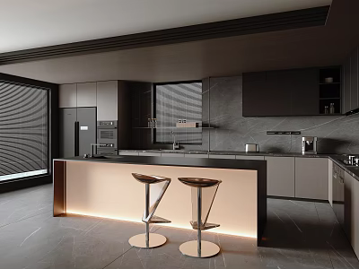 Elegant Modern Kitchen Interior With Marble Island Dark Cabinets And Bar Stools 3d model