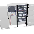 Electrical Distribution Box With Open Door Showing Circuit Breakers And Colored Wires