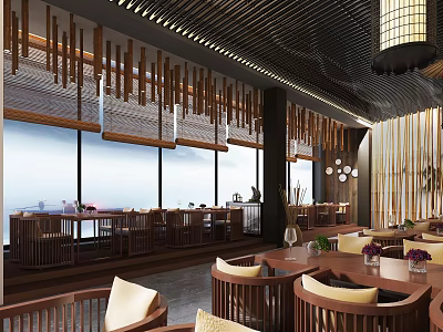Wooden Restaurant Interior With Large Windows Scenic View And Pendant Lights 3d model