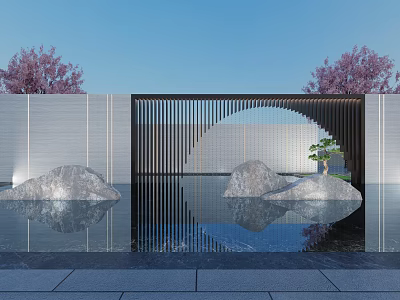 Modern Landscape Wall with Grid Design Circular Arch Water Pool Reflection Rocks and Purple Trees 3d model