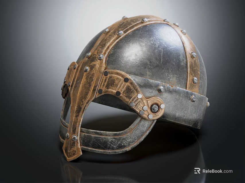 Medieval Vintage Helmet With Metal Construction Leather Accents And Rivet Details 3d model 
