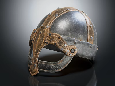 Medieval Vintage Helmet With Metal Construction Leather Accents And Rivet Details 3d model