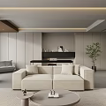 Modern Beige L-shaped Sofa Coffee Table Set with Round Table Wooden Accents and Green Plant