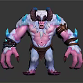 Mythical Horned Monster Character With Pink Skin White Fur Brown Straps And Blue Glowing Crystals
