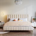 Double Bed With Beige Upholstered Headboard Plush Toys Orange Blanket Nightstand Mirror And Window Curtains