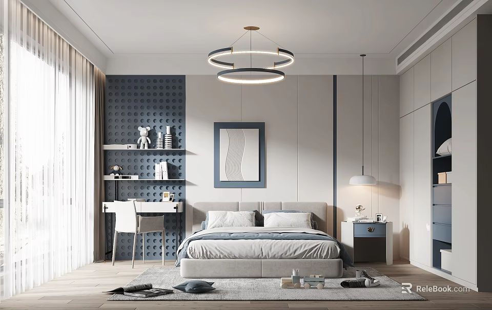 Modern Kids Room Interior With Bed Desk Bookshelf And Wall Art Decor 3d model 