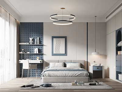 Modern Kids Room Interior With Bed Desk Bookshelf And Wall Art Decor 3d model