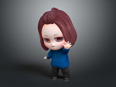 Cute Game Movie Character with Brown Hair Blue Sweater Waving Hand on Grey Background 3d model