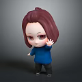Cute Game Movie Character with Brown Hair Blue Sweater Waving Hand on Grey Background