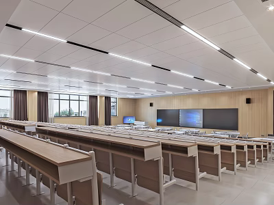 Modern School Classroom With Modern Desks Interactive Blackboard And Bright Lighting Facilities 3d model