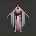 Game Movie Female Character In Traditional Pink White Costume With Flowing Ribbons And Sword