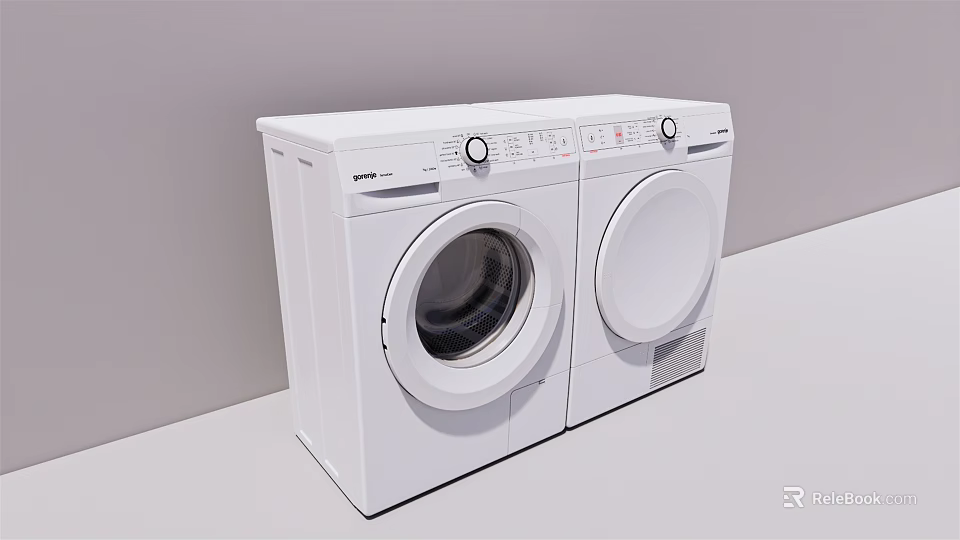 Two White Side by Side Washing Machines With Modern Control Panel Exterior Design 3d model 
