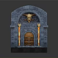 Dark Fantasy Stone Gate Scene Component With Arched Top Skull Decoration Wooden Door And Torches