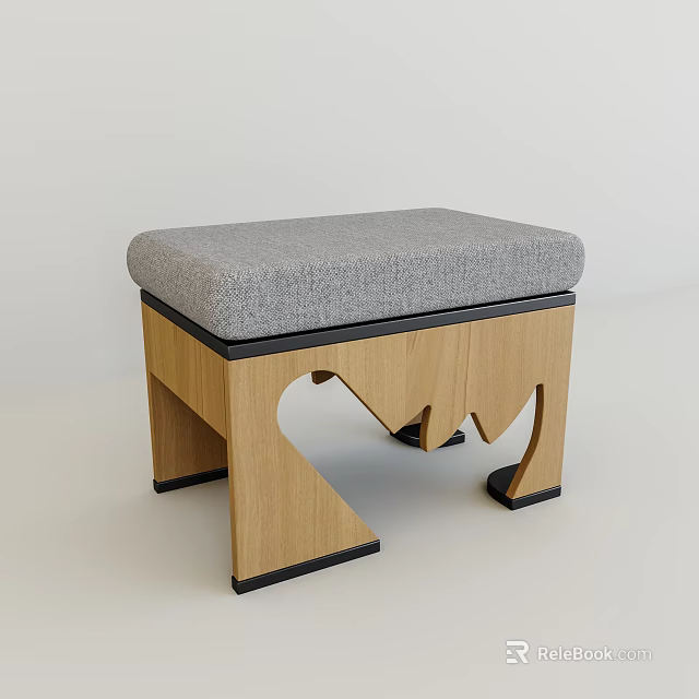 Modern Wooden Stool With Gray Padded Seat And Unique Carved Legs 3d model 