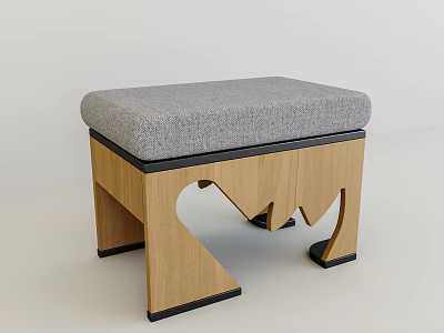 Modern Wooden Stool With Gray Padded Seat And Unique Carved Legs 3d model