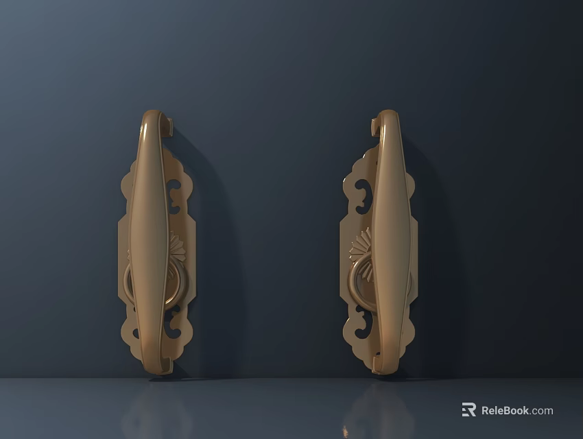 Elegant Golden Metal Door Handles With Ornate Carvings On Dark Background 3d model 