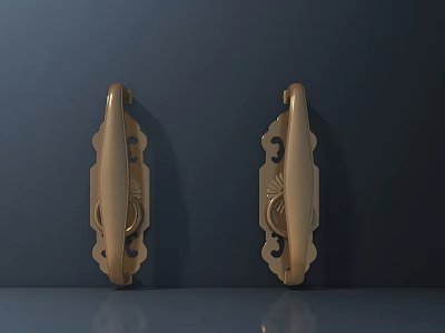 Elegant Golden Metal Door Handles With Ornate Carvings On Dark Background 3d model
