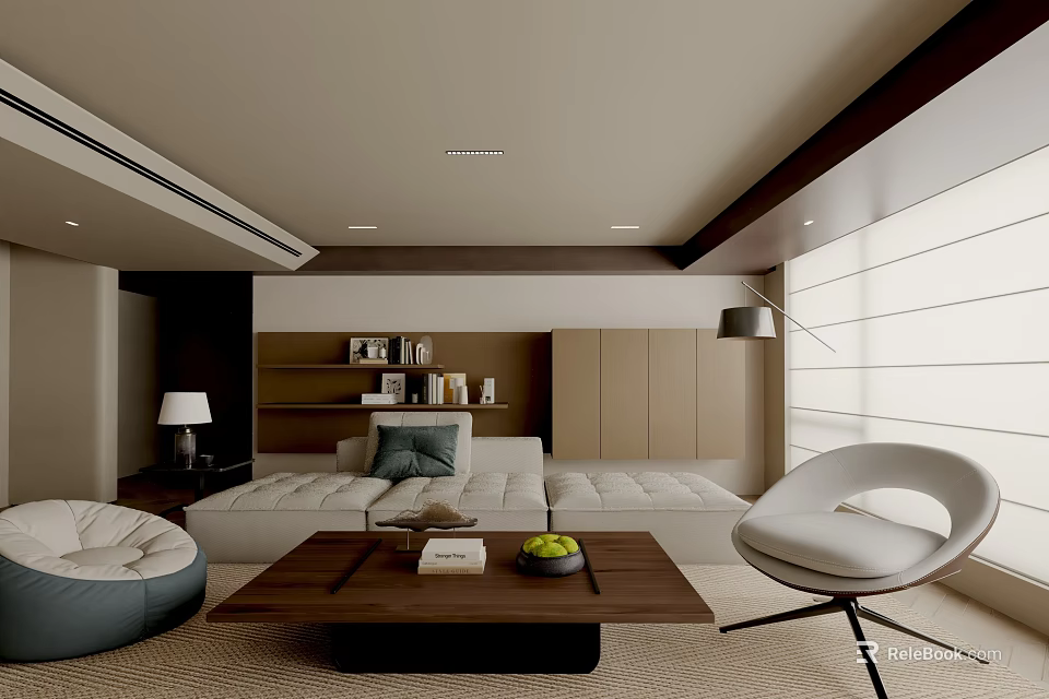 Modern Minimalist Warm Tone Living Room With Comfy Large Sofa And Wooden Coffee Table 3d model 