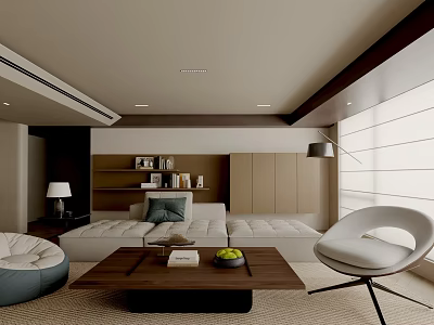 Modern Minimalist Warm Tone Living Room With Comfy Large Sofa And Wooden Coffee Table 3d model