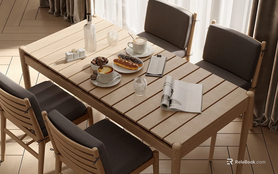 Natural Light Wood Dining Table Set with Gray Chairs and Coffee Cups Dessert on Table 3d model 