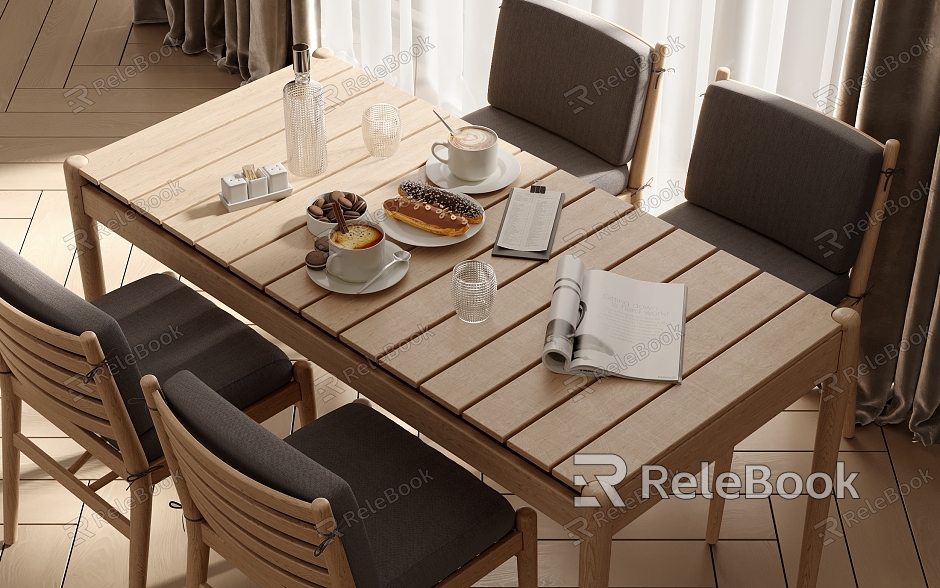 Modern Dining Table and Chair Combination Dining Table and Chair Wood Floor Curtain Gauze Curtain model