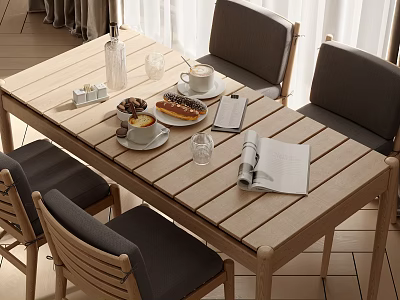 Natural Light Wood Dining Table Set with Gray Chairs and Coffee Cups Dessert on Table 3d model