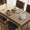 Natural Light Wood Dining Table Set with Gray Chairs and Coffee Cups Dessert on Table