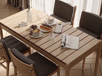 Modern Dining Table and Chair Combination Dining Table and Chair Wood Floor Curtain Gauze Curtain 3d model