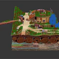 Cartoon Scene Featuring 3D Model Green Grass Small Houses Pathway Trees And Red Wheels