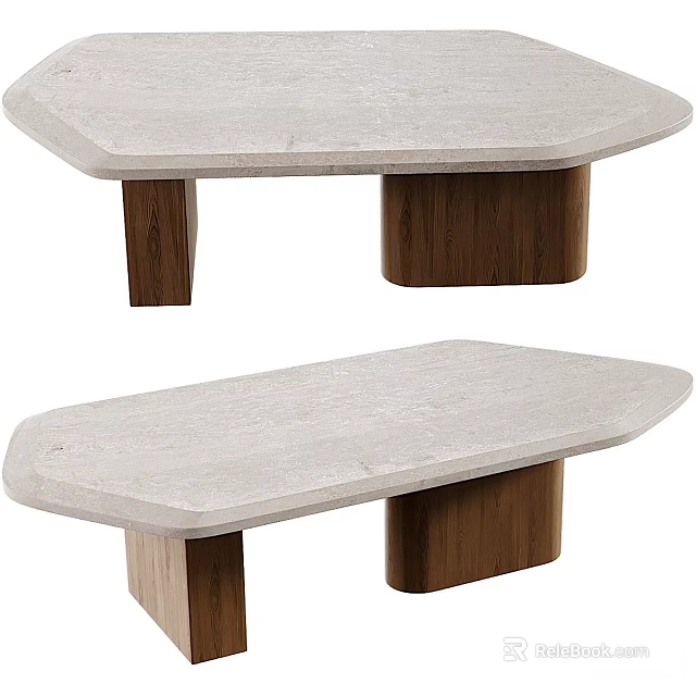 Modern Geometric Coffee Table With Light Stone Top And Dark Wooden Legs 3d model 