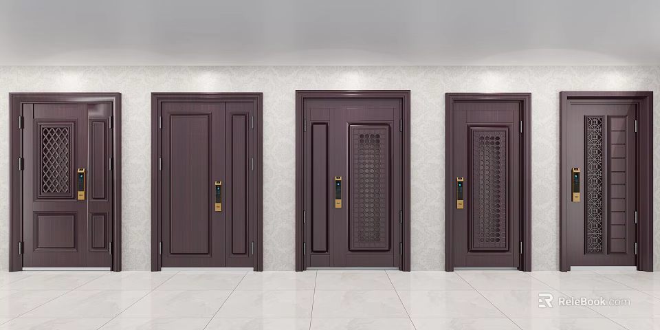 Brown Security Doors With Various Panel Designs On White Wall And Floor 3d model