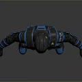 Man in Futuristic Black Blue Tactical Armor with Helmet Full Body Protective Gear