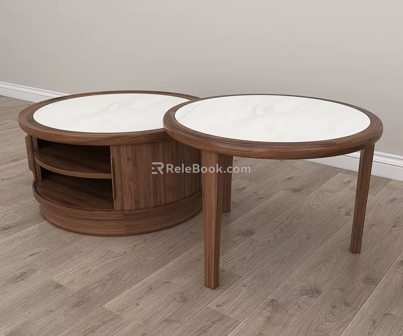 Nordic Black Walnut Round Simple Solid Wood Rock Board Coffee Table Combination for Living Room 3d model