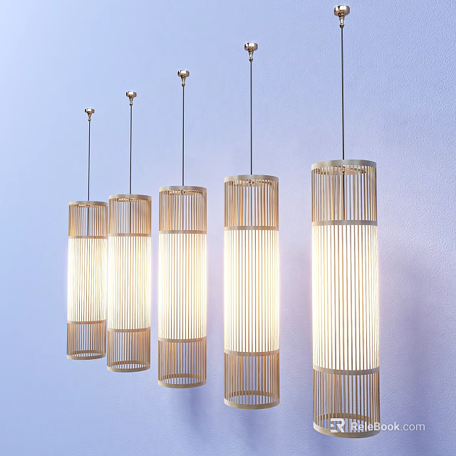 Natural Bamboo Cylindrical Hanging Pendant Lights With Warm Light On Light Blue Wall 3d model 