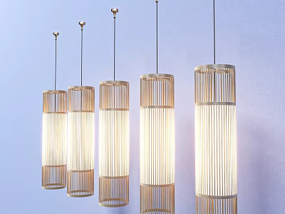 Natural Bamboo Cylindrical Hanging Pendant Lights With Warm Light On Light Blue Wall 3d model