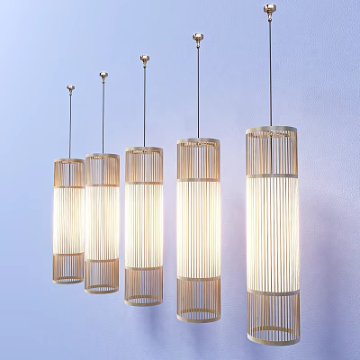 Natural Bamboo Cylindrical Hanging Pendant Lights With Warm Light On Light Blue Wall 3d model
